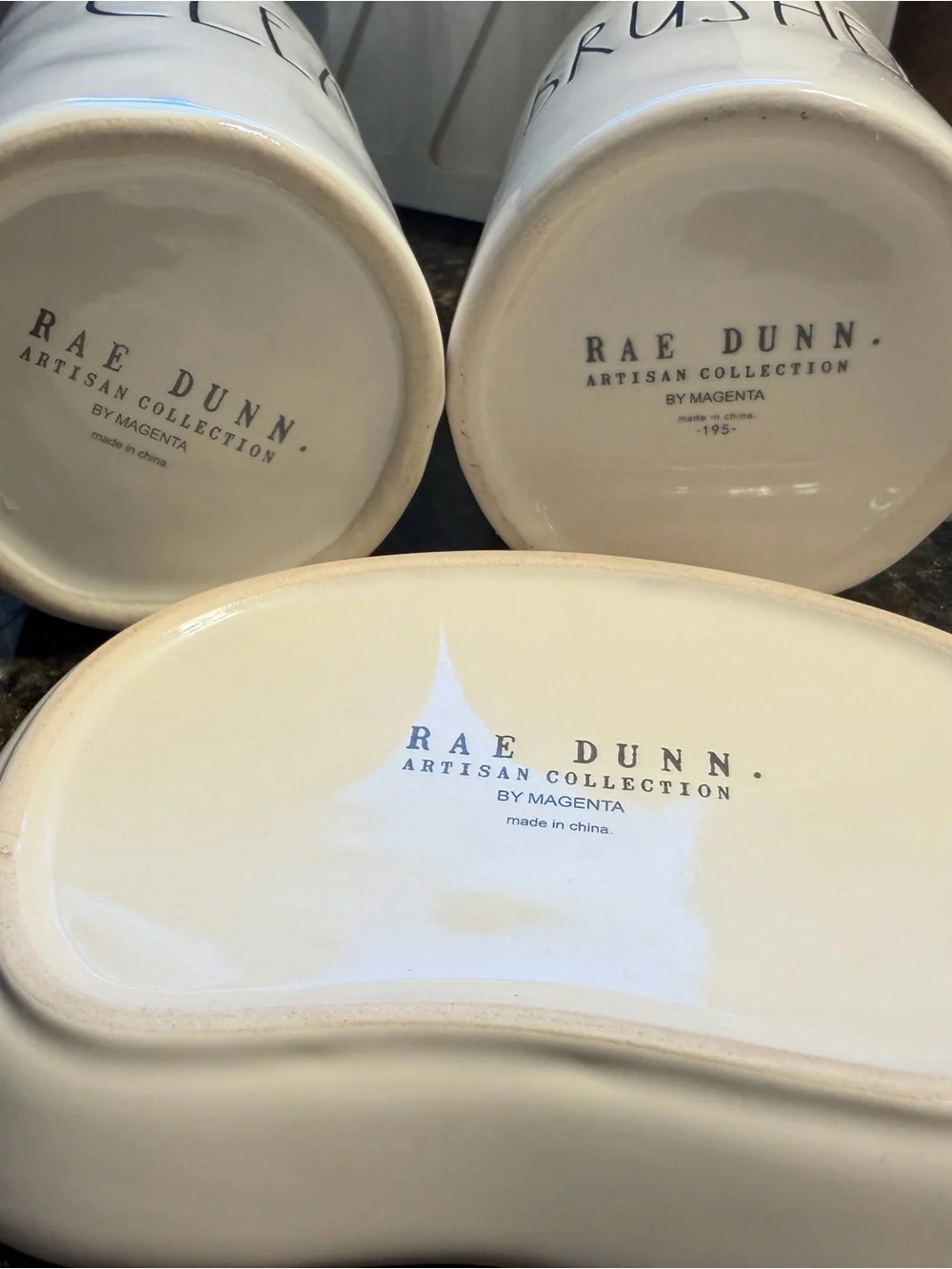 Rae Dunn White Ceramic Bath Accessory Set - Clean, Brushes, Wash